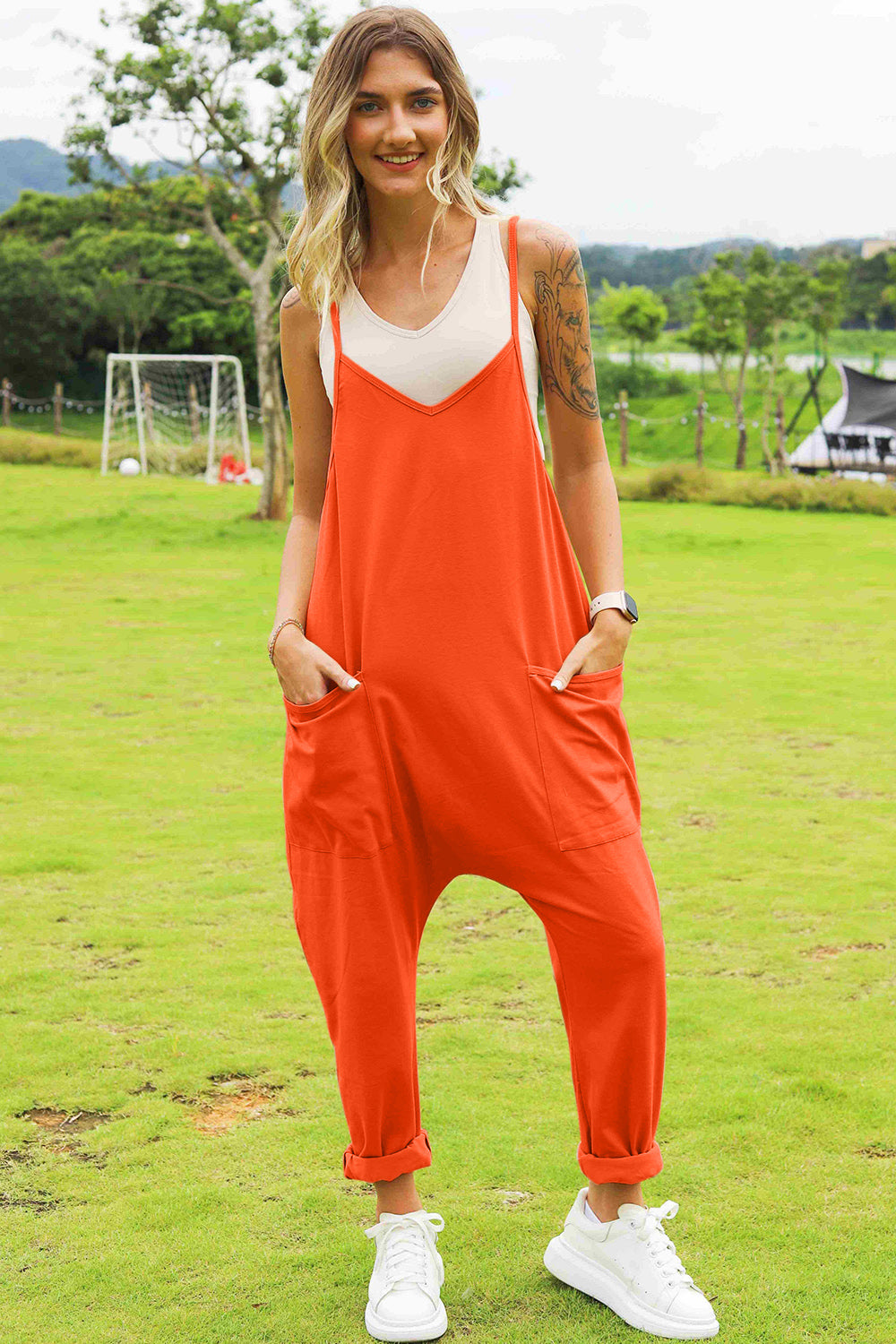 Stylish Sleeveless V-Neck Pocketed Jumpsuit - Double Take Collection