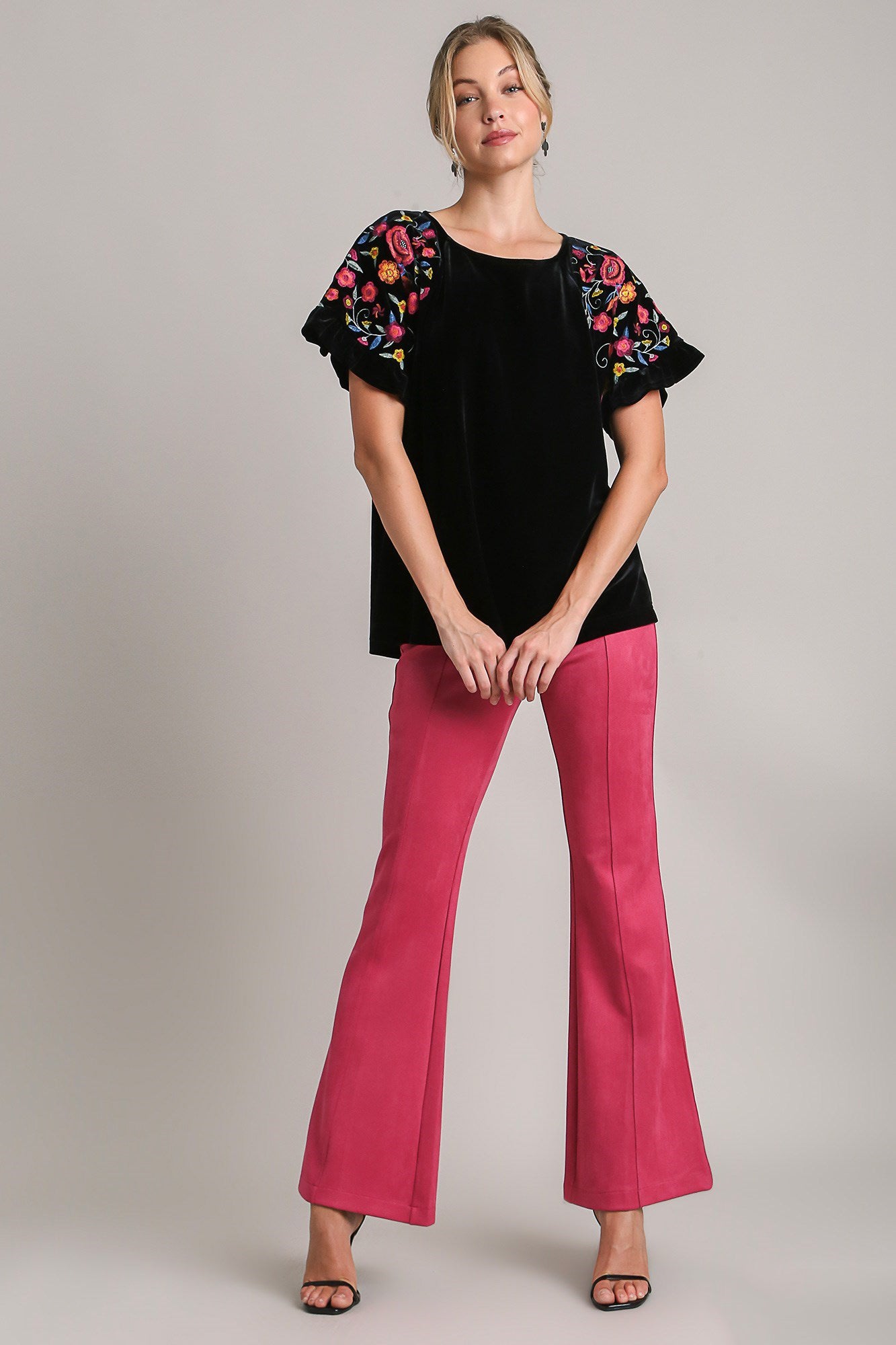 Umgee Full Size Velvet Embroidery Short Sleeve Blouse - Elegant Vintage Style
