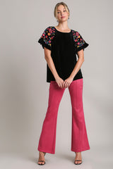 Umgee Full Size Velvet Embroidery Short Sleeve Blouse - Elegant Vintage Style