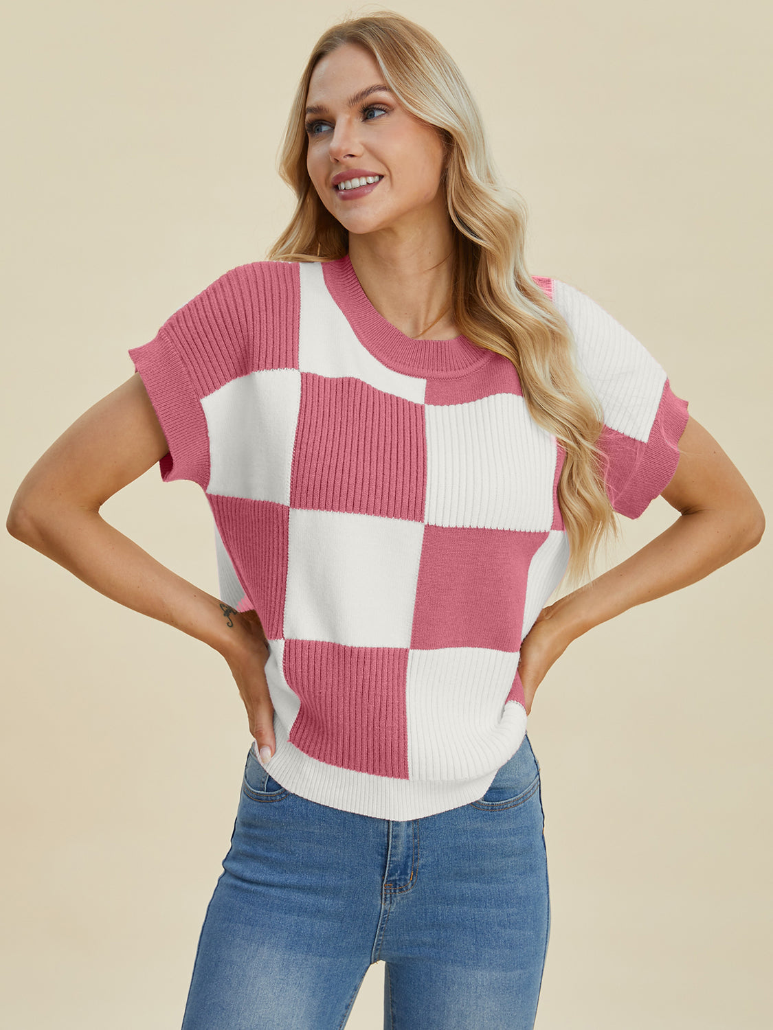 Stylish Checkered Round Neck Short Sleeve Sweater - Double Take Collection