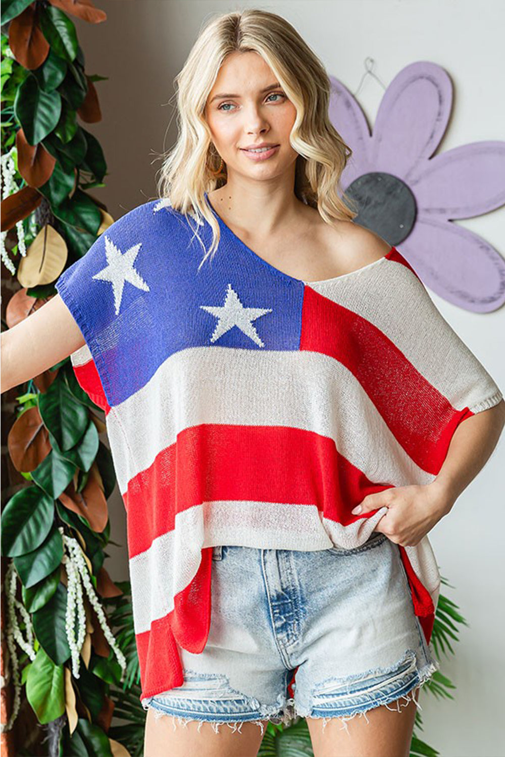 First Love USA Flag Drop Shoulder Knit Top - Patriotic Style