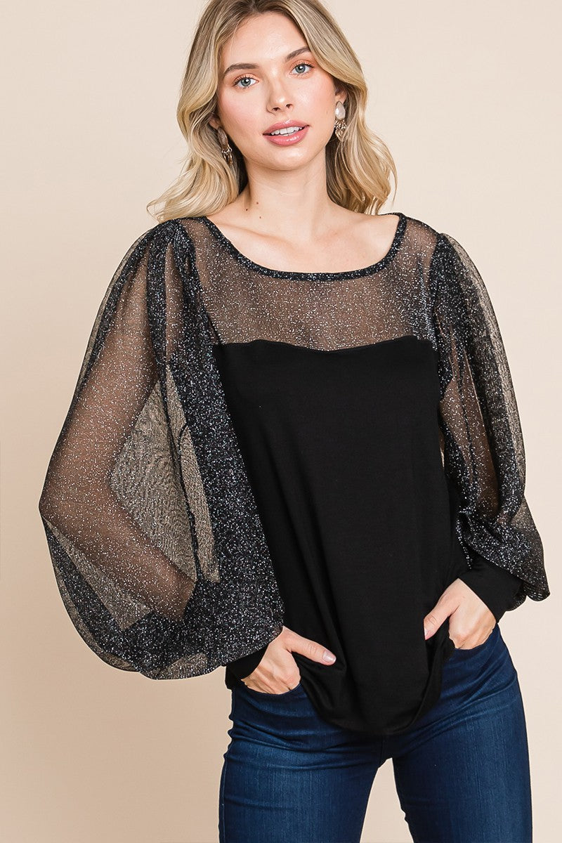 Super Lady Metallic Mesh Lantern Sleeve Blouse - Elegant Full Size Fit for Every Occasion