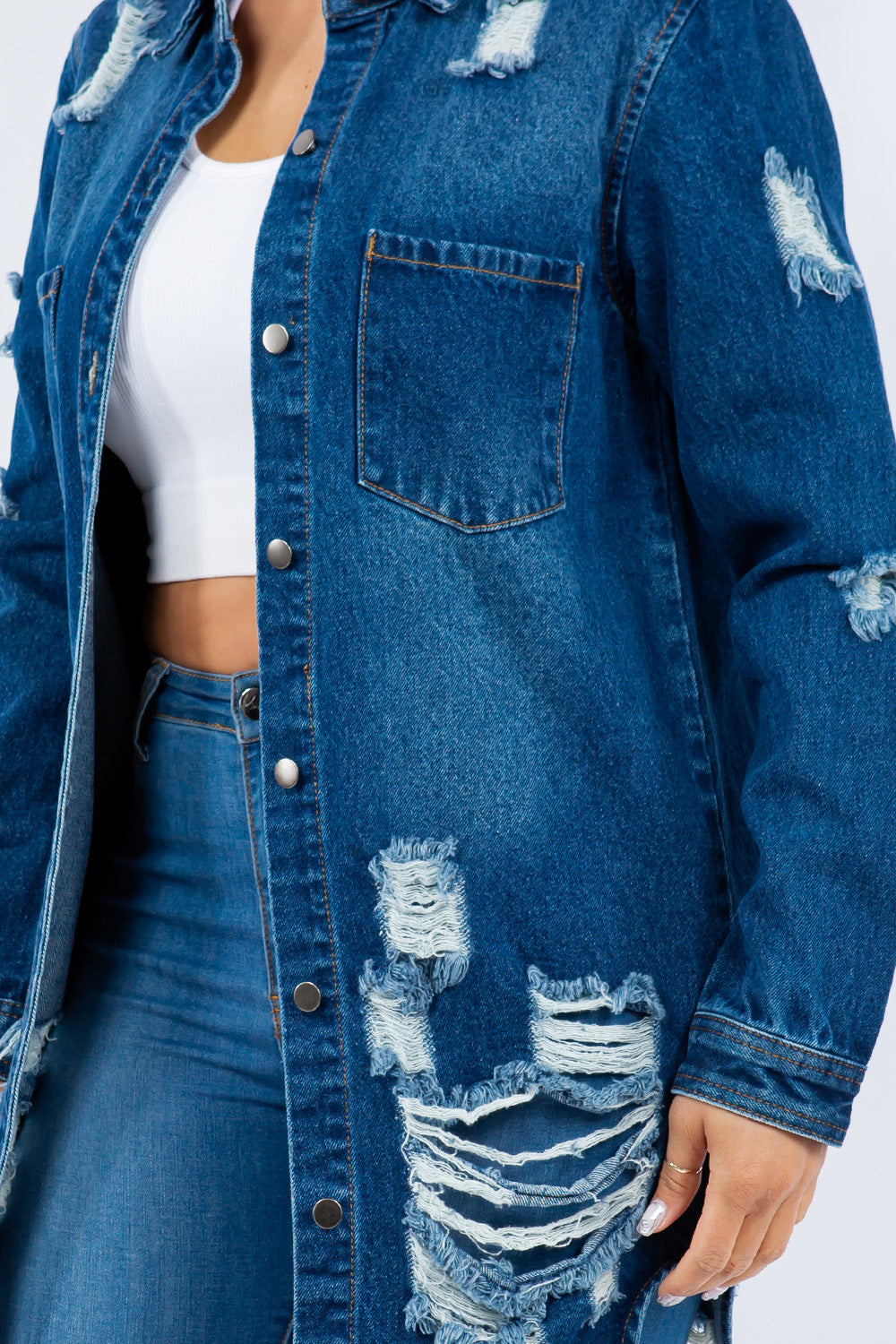 American Bazi Women's Distressed Denim Jacket - Button-Up Long Sleeve, 100% Cotton