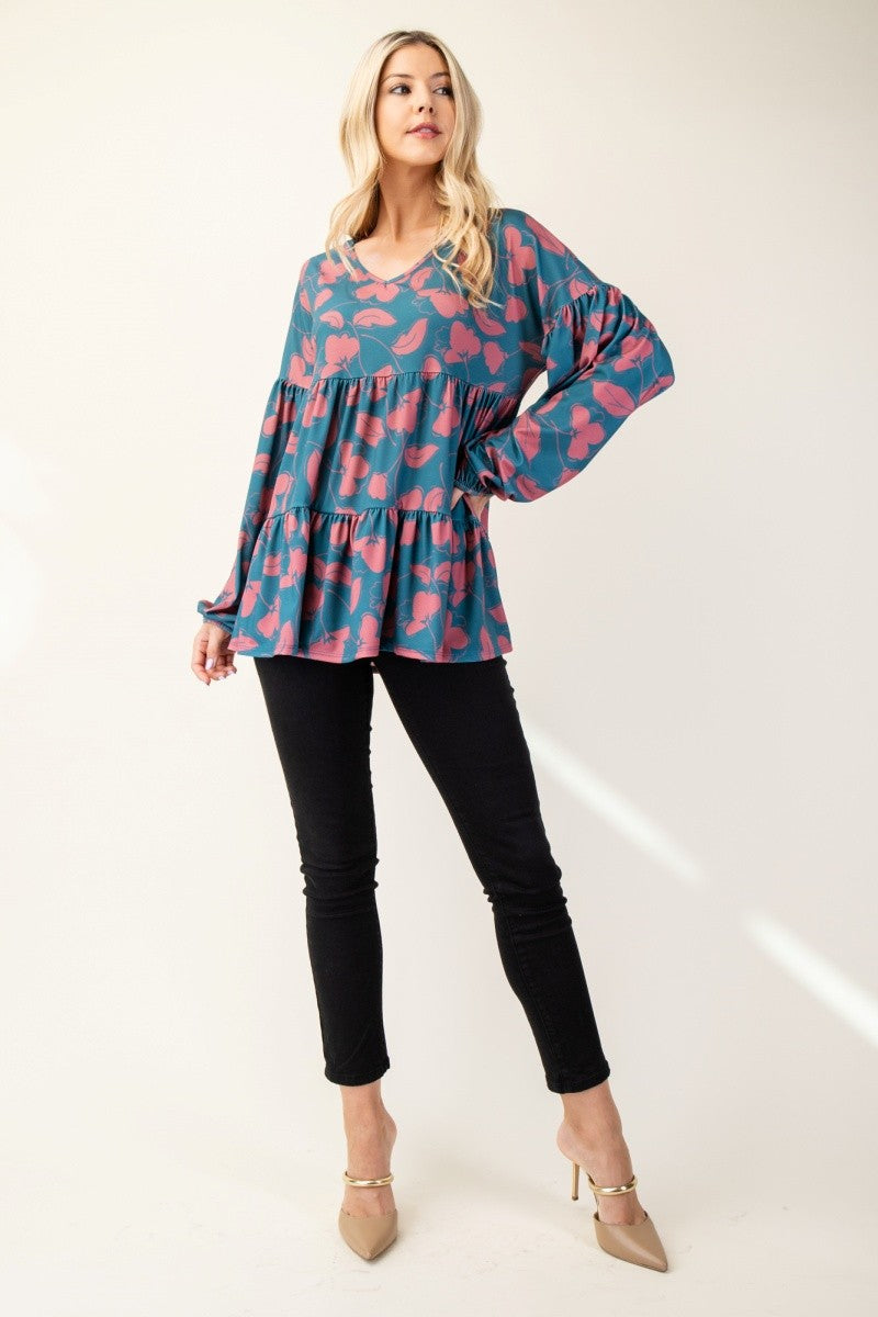 Celeste Women's Tiered Floral V-Neck Long Sleeve Blouse - Elegant & Chic
