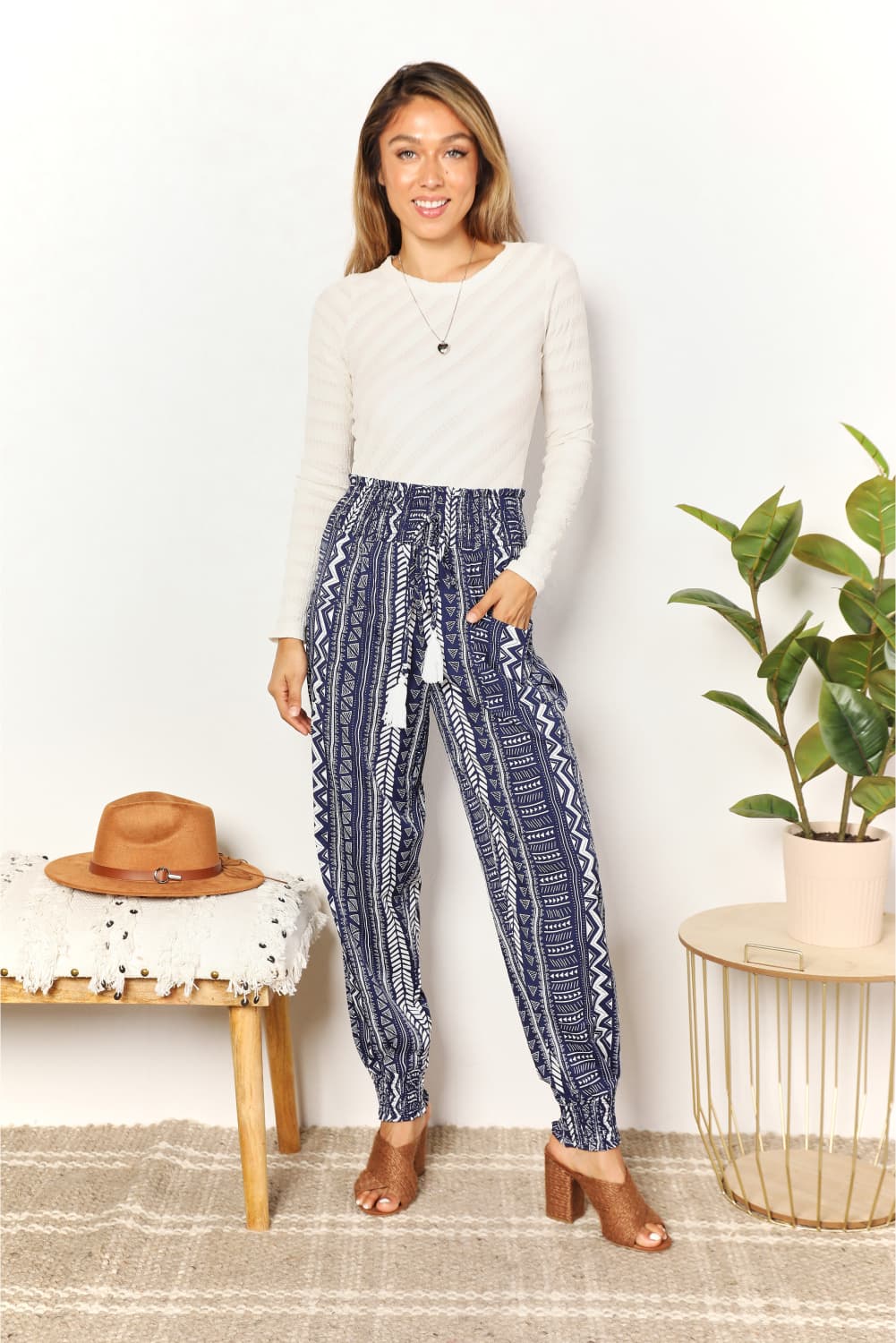Geometric Print Tassel High-Rise Pants with Pockets - Urban Style