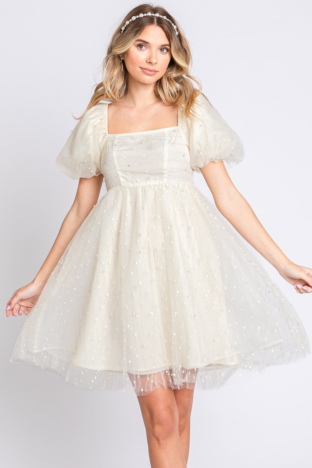 GeeGee Pearl Mesh Puff Sleeve Babydoll Dress - Elegant Special Occasion Wear