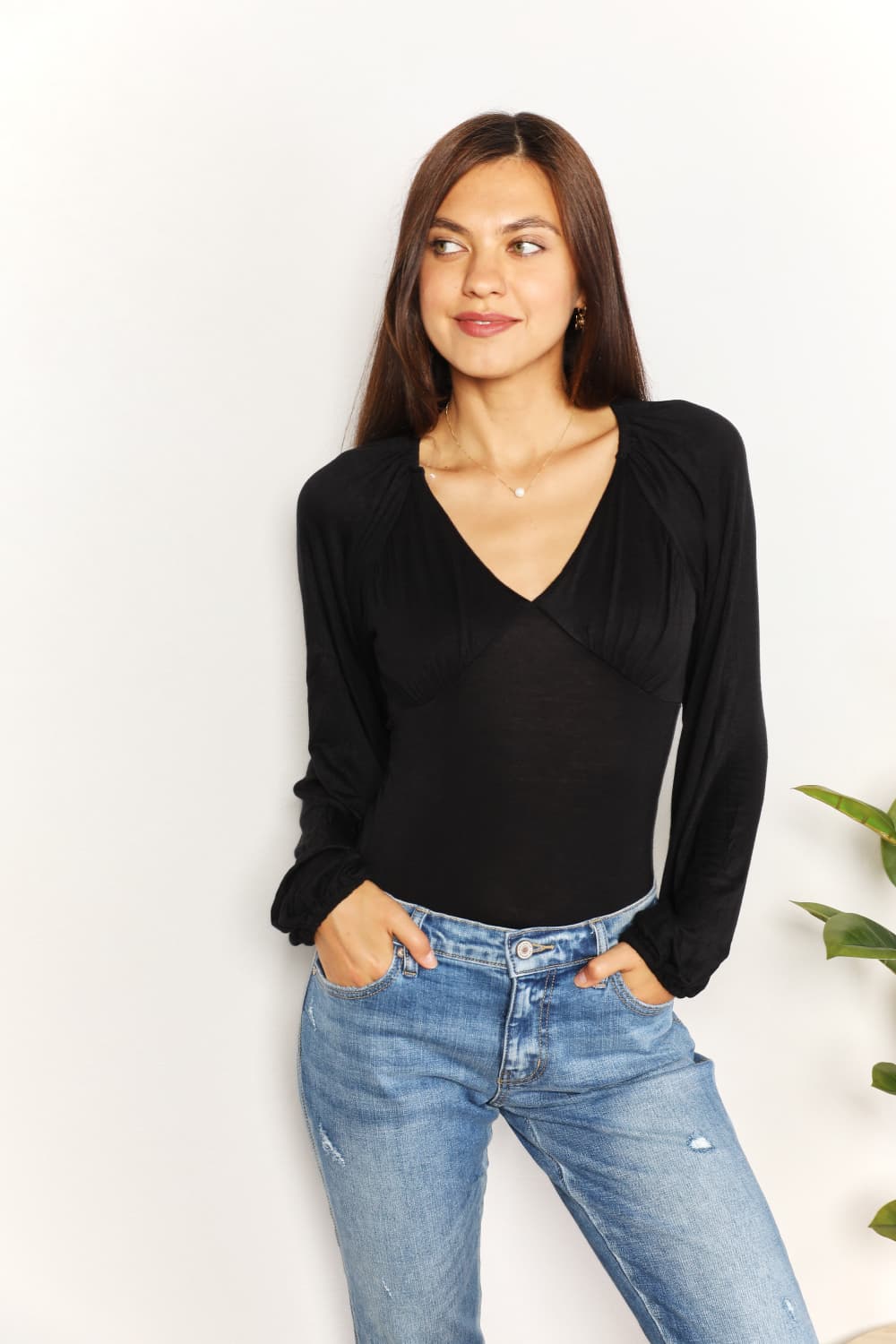 Culture Code Full Size V-Neck Bodysuit with Poet Sleeves - Modern & Elegant