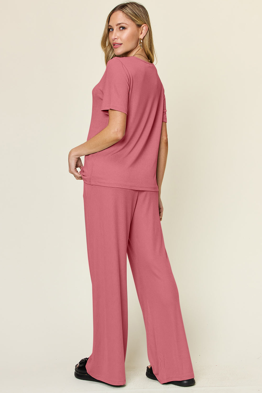 Women's Basic Style Two-Piece Set: Round Neck T-Shirt & Wide Leg Pants