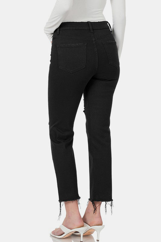 Zenana distressed raw hem cropped jeans feature a trendy back view, showcasing modern fashion and casual style.