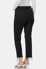 Zenana distressed raw hem cropped jeans feature a trendy back view, showcasing modern fashion and casual style.