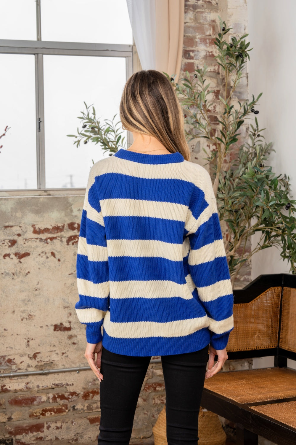 Sew In Love Women's Full Size Contrast Striped Round Neck Sweater - Stylish & Versatile