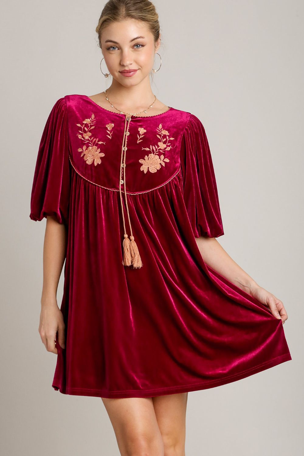 Umgee Velvet Mini Dress with Embroidered Half Sleeves and Tassels