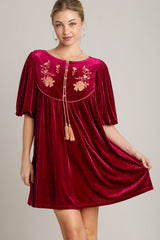 Umgee Velvet Mini Dress with Embroidered Half Sleeves and Tassels