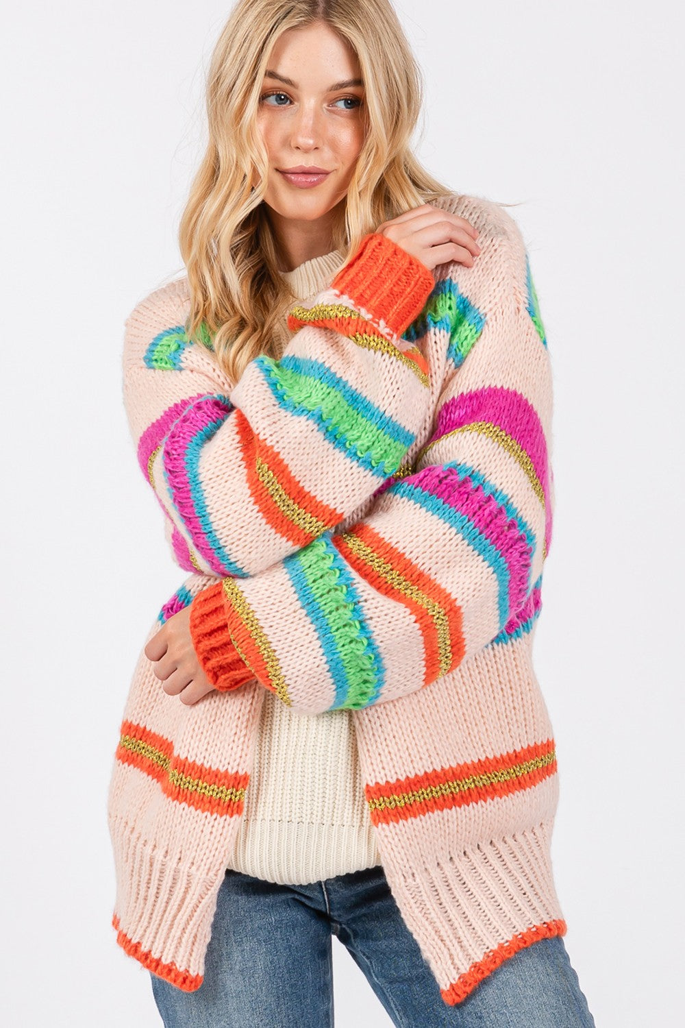 SAGE + FIG Women's Rainbow Striped Knit Cardigan - Stylish Open Front