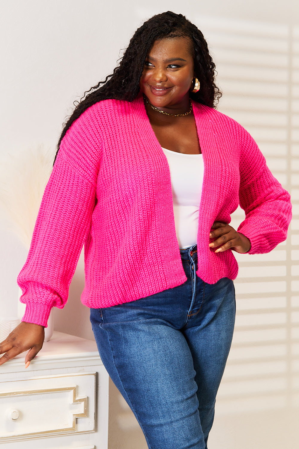 Cozy Rib-Knit Open Front Cardigan with Drop Shoulder Design