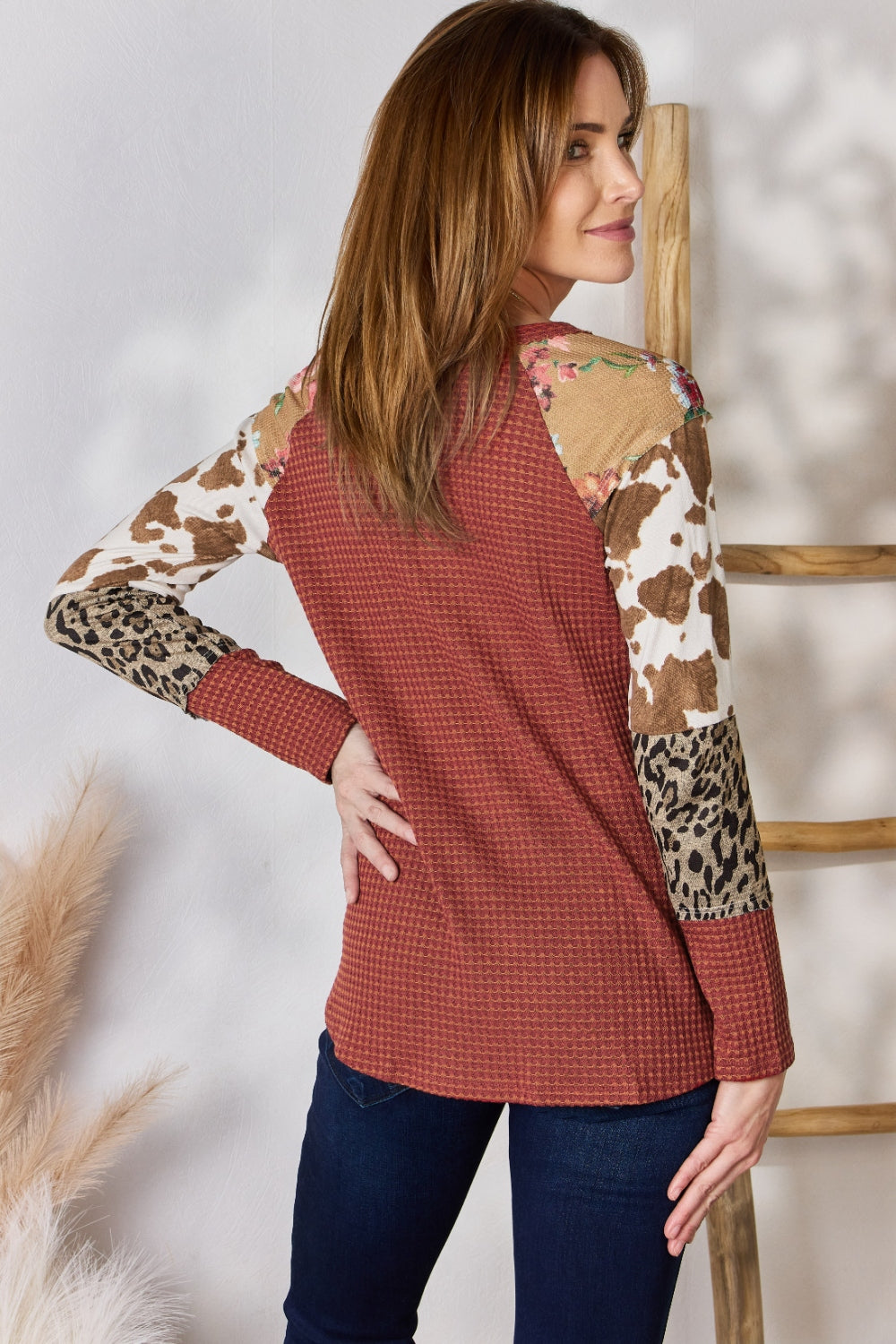 Hailey & Co Full Size Leopard Waffle-Knit Blouse – Trendy & Cozy Women's Fashion