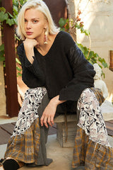 POL Women's Cable Knit Quilting Patch V-Neck Sweater - Stylish Winter Fashion Essential