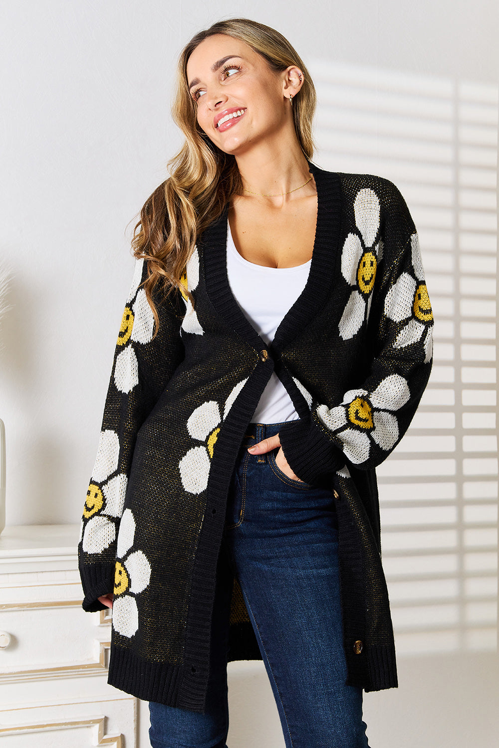 Stylish Floral Button Down Longline Cardigan with Ribbed Design