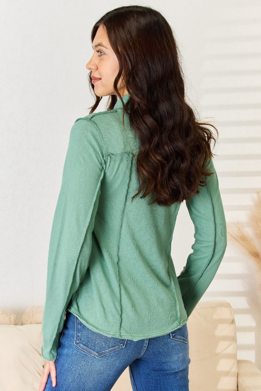 POL Exposed Seam Long Sleeve Knit Top - Sophisticated Cotton Blend
