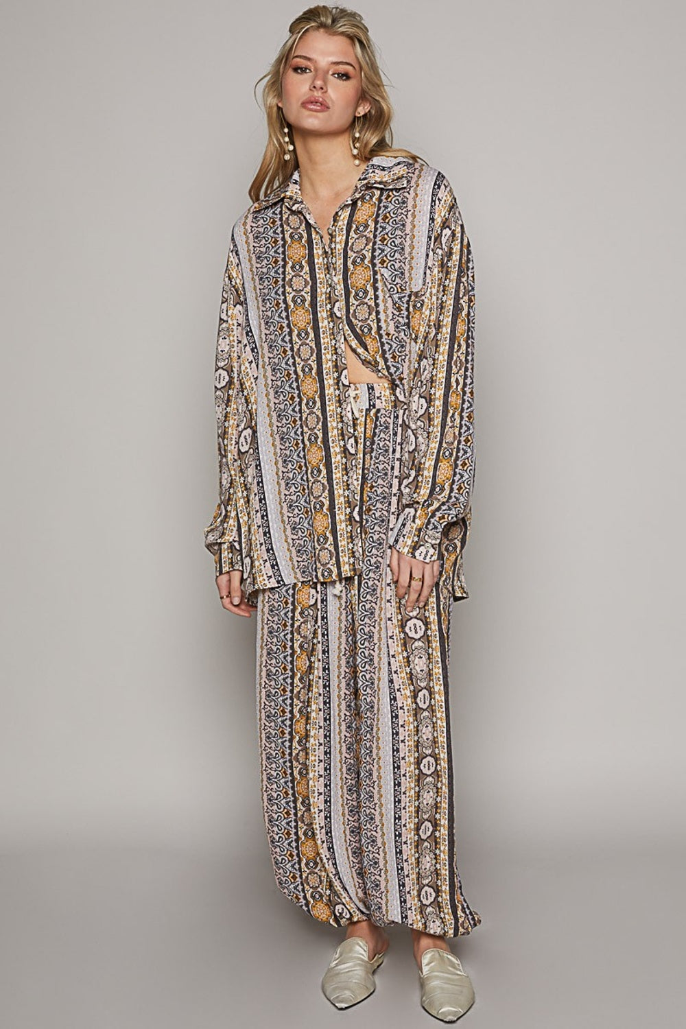 POL Long Sleeve Button Down Printed Shirt - Stylish Rayon Top for Versatile Outfits