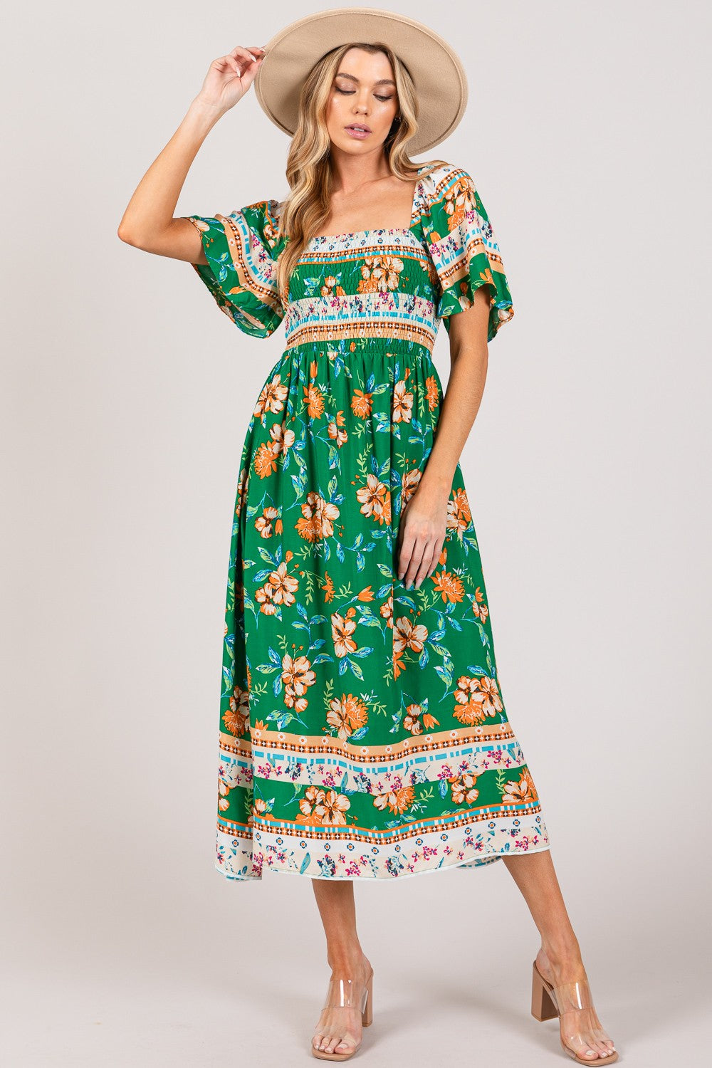 Chic Smocked Short Sleeve Midi Dress with Stylish Print
