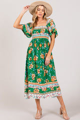 Chic Smocked Short Sleeve Midi Dress with Stylish Print