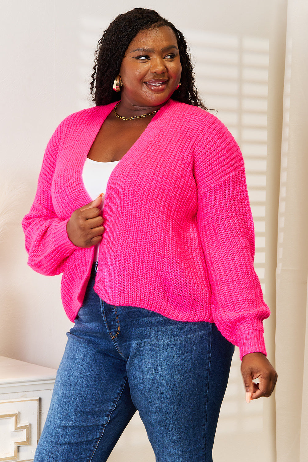 Cozy Rib-Knit Open Front Cardigan with Drop Shoulder Design