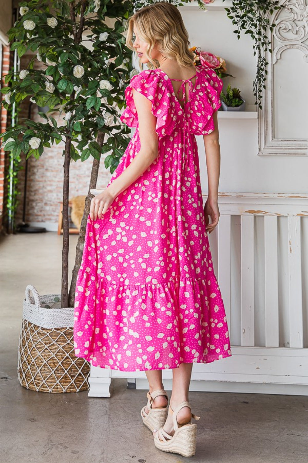 Elegant Reborn J Printed V-Neck Ruffle Trim Tiered Midi Dress - Perfect for Special Occasions