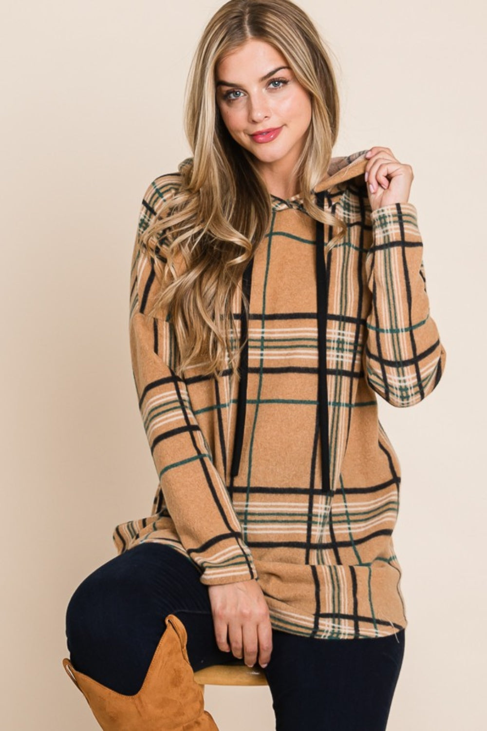 BOMBOM Women's Plaid Drawstring Long Sleeve Hoodie - Cozy & Stylish