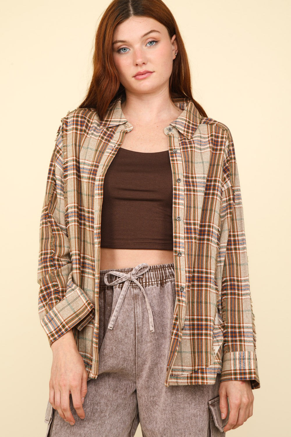 Chic Fall Fashion: VERY J Women's Contrast Plaid Raw Edge Shirt