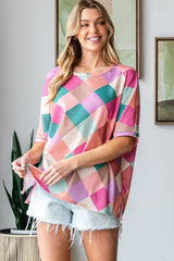 HOPELY Women's Full Size Multi-Colored Argyle Side Slit T-Shirt – Vibrant & Comfortable Style