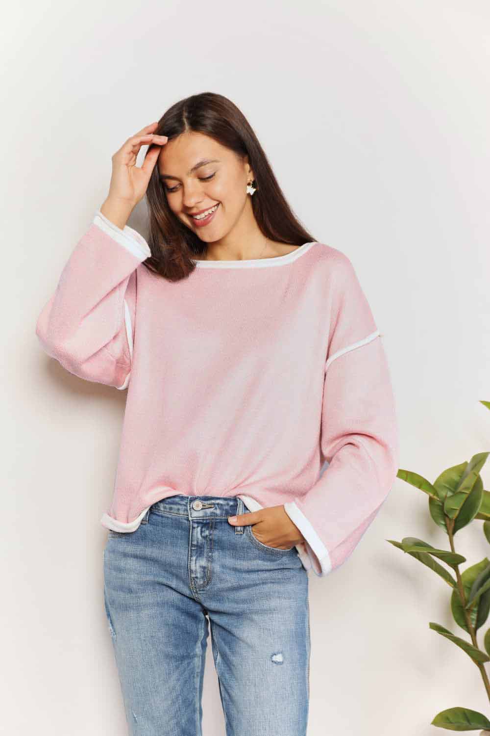 Contrast Detail Dropped Shoulder Knit Top - Elegant Boat Neck Pullover