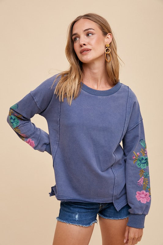 Annie Wear Women's Embroidered Long Sleeve French Terry Top - Elegant & Comfortable