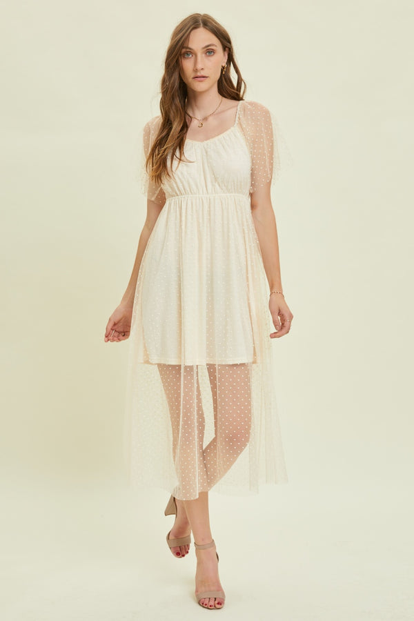 HEYSON  Heart Mesh Flare Sleeve Midi Dress