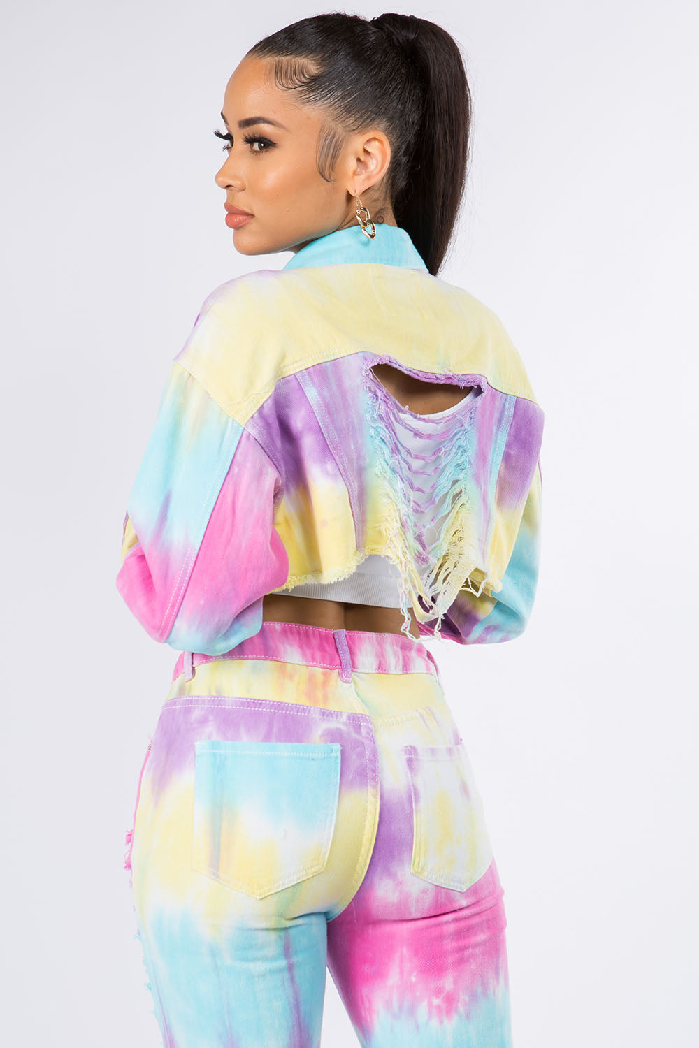 Trendy Distressed Back Cropped Denim Jacket by American Bazi