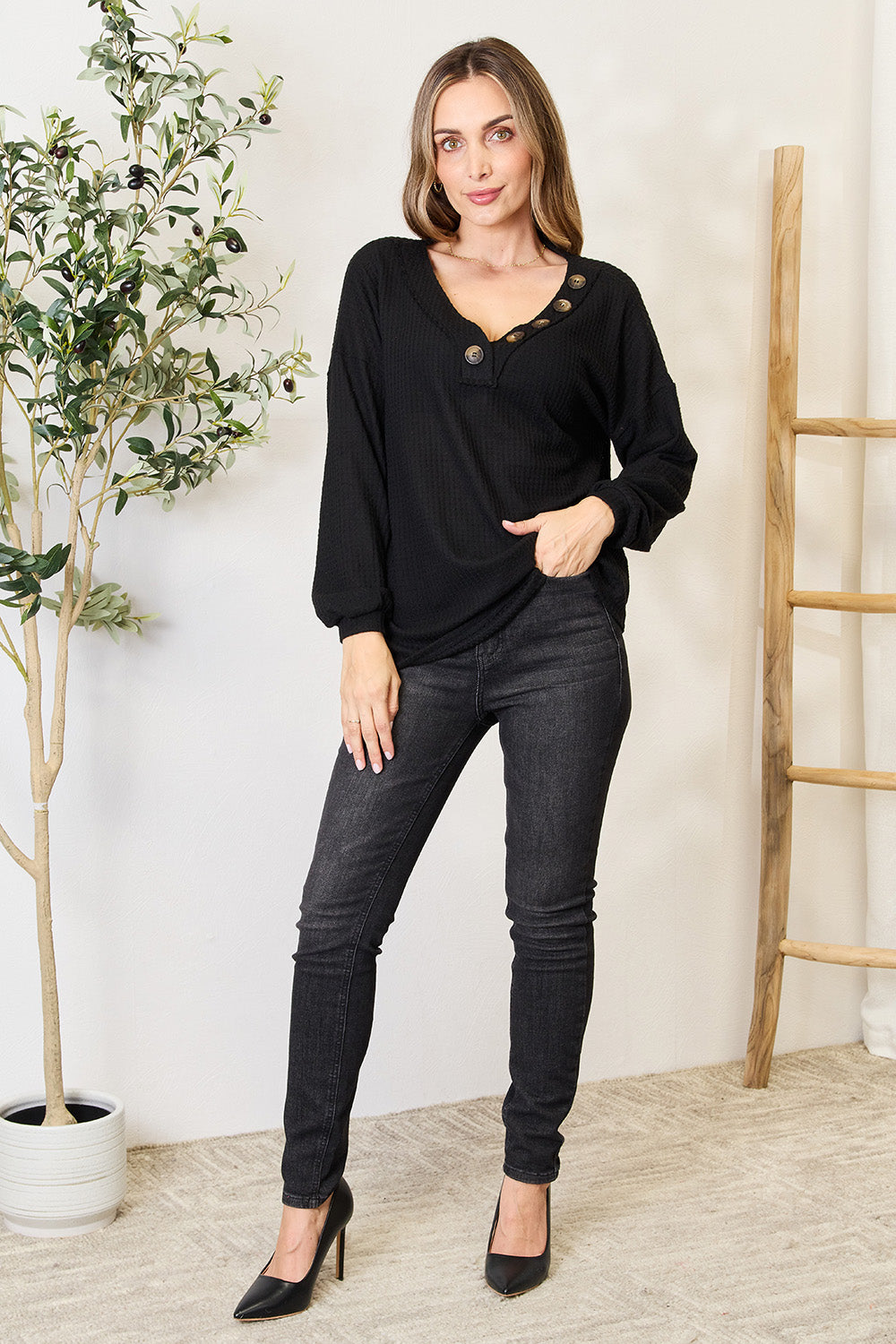 Zenana Women's Buttoned Long Sleeve Waffle-Knit Blouse - Soft & Stylish