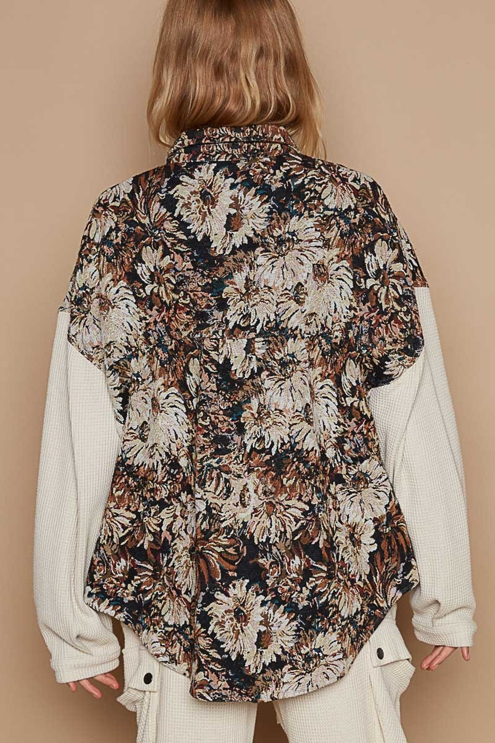 POL Contrast Sleeves Floral Jacquard Button-Down Shirt for Elegant Style