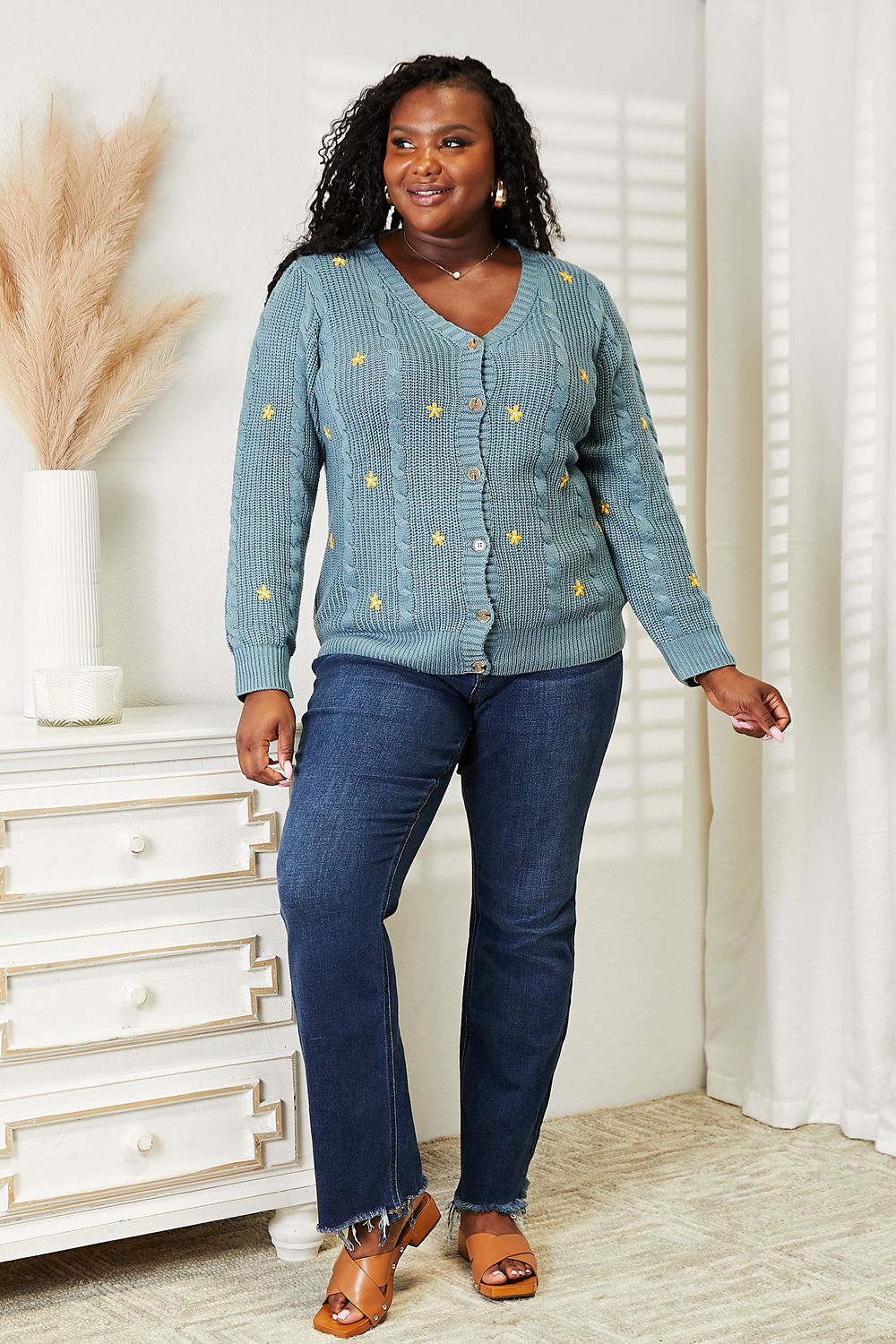 HEYSON Full Size Floral Embroidered Cable Knit Cardigan - Cozy & Elegant