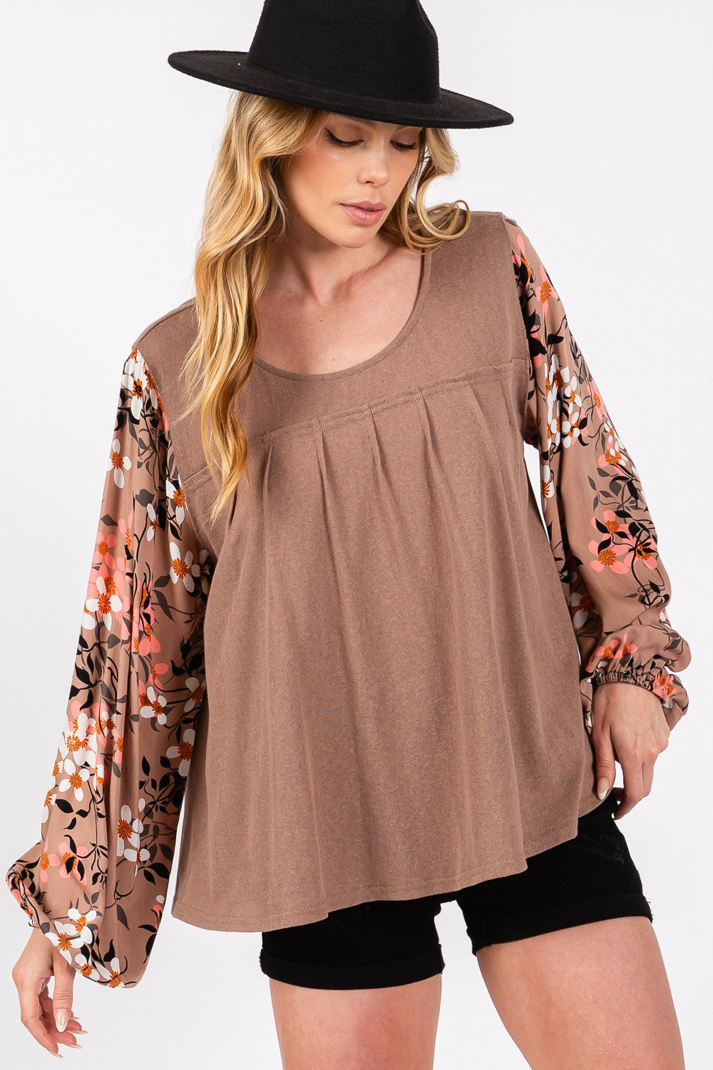 Chic Floral Long Sleeve Pleated Blouse - SAGE + FIG