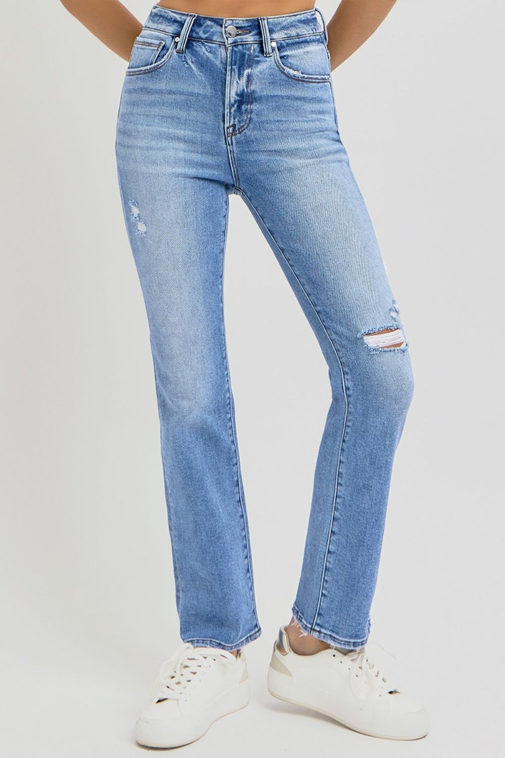 RISEN Women's Distressed High-Rise Ankle Straight Jeans - Chic Vintage Style with Comfort
