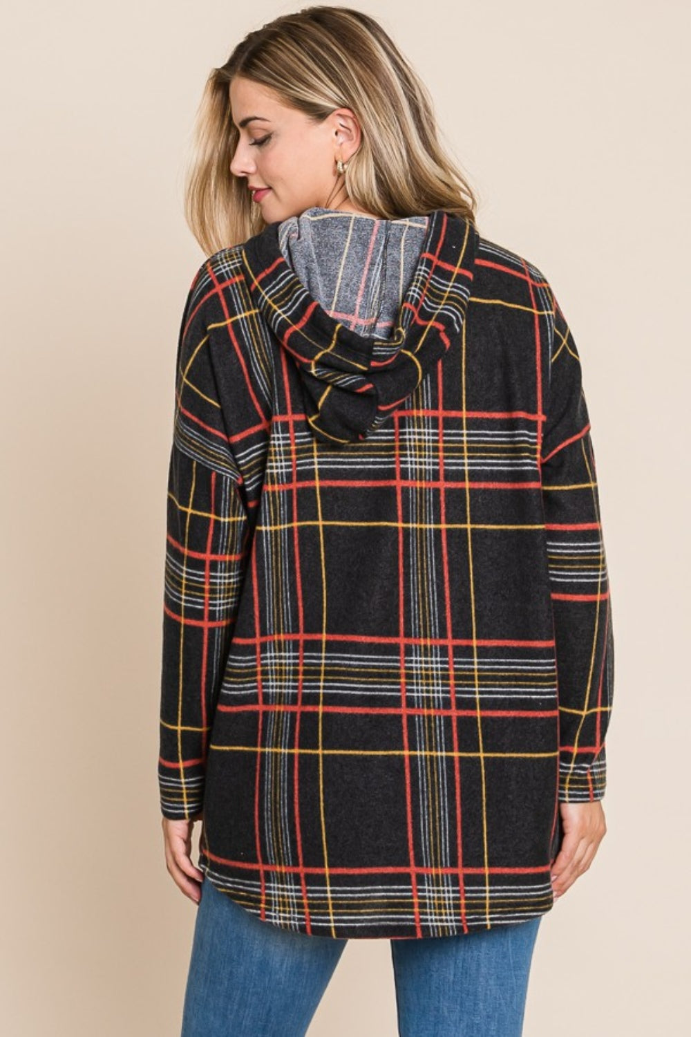 BOMBOM Drawstring Plaid Long Sleeve Hoodie - Stylish & Cozy Comfort