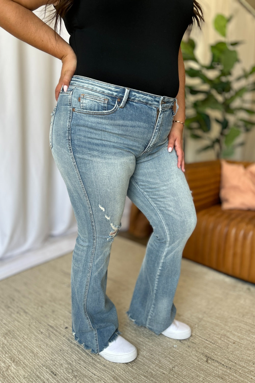 Judy Blue Women's Distressed Tummy Control Flare Jeans - Medium Rise Denim