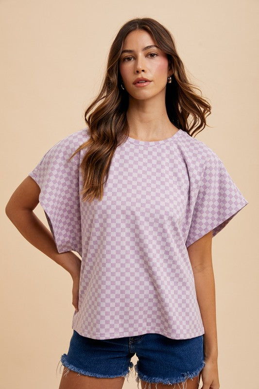 Annie Wear Women's Checkered Round Neck Short Sleeve T-Shirt - Trendy Casual Top