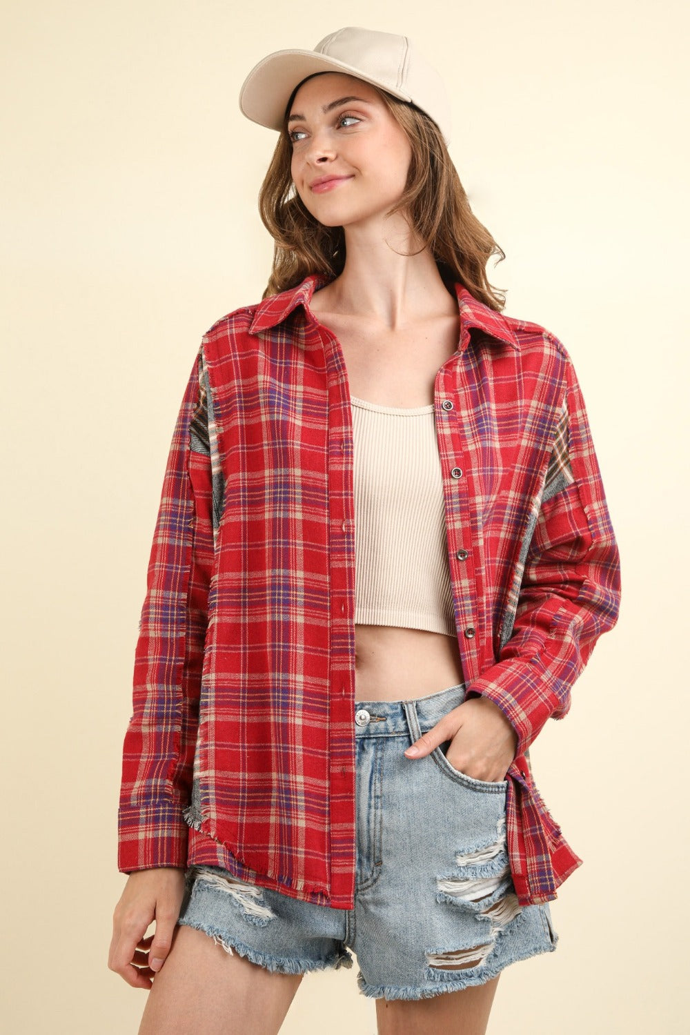 VERY J Women's Plaid Raw Detail Oversized Fall Shirt - Button-Down Fashion