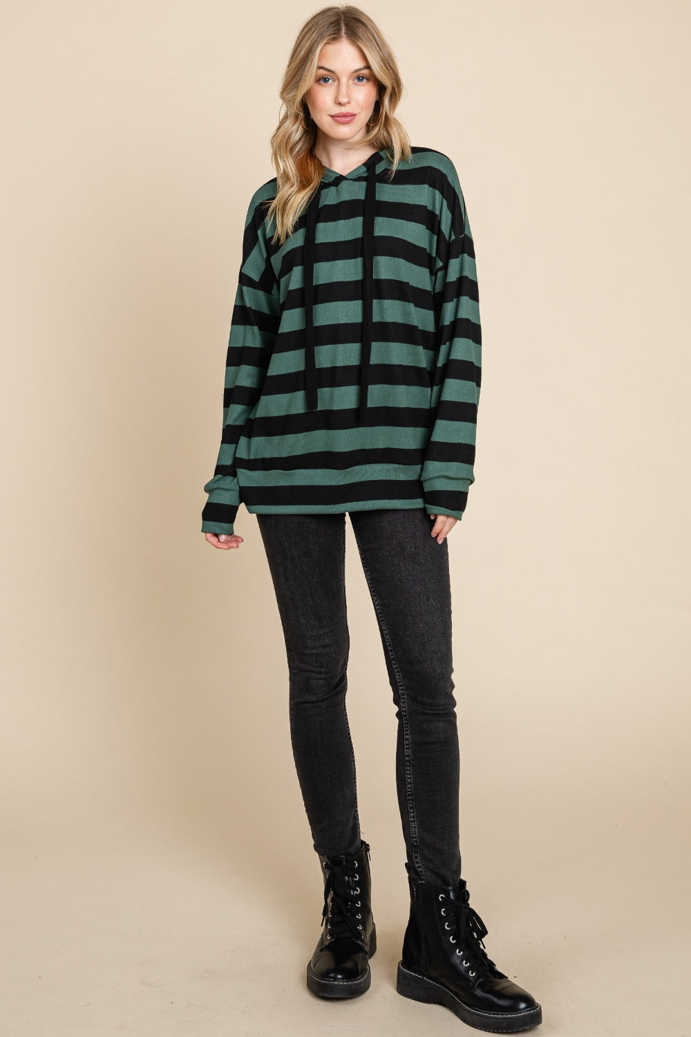BOMBOM Women's Striped Drawstring Dropped Shoulder Hoodie - Trendy Streetwear