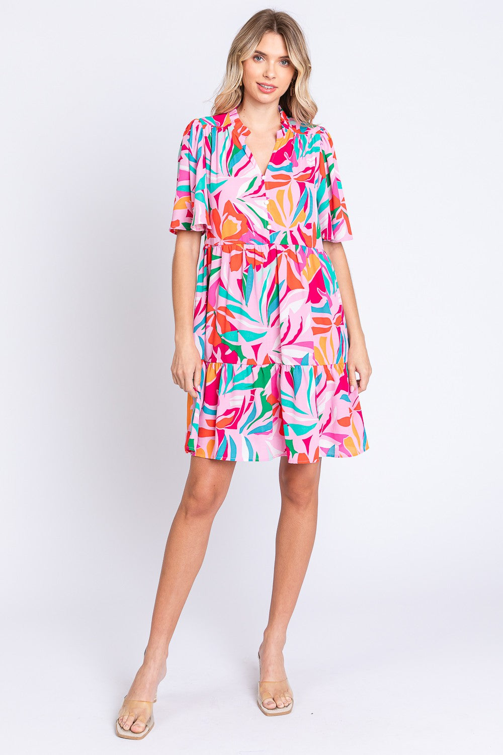 GeeGee Women's Short Sleeve Ruffle Hem Dress with Unique Print