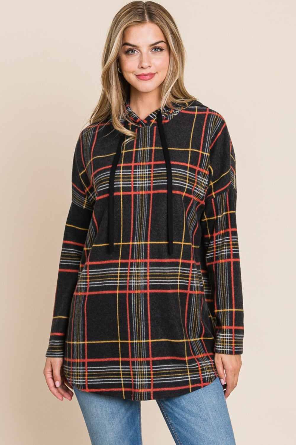 BOMBOM Drawstring Plaid Long Sleeve Hoodie - Stylish & Cozy Comfort