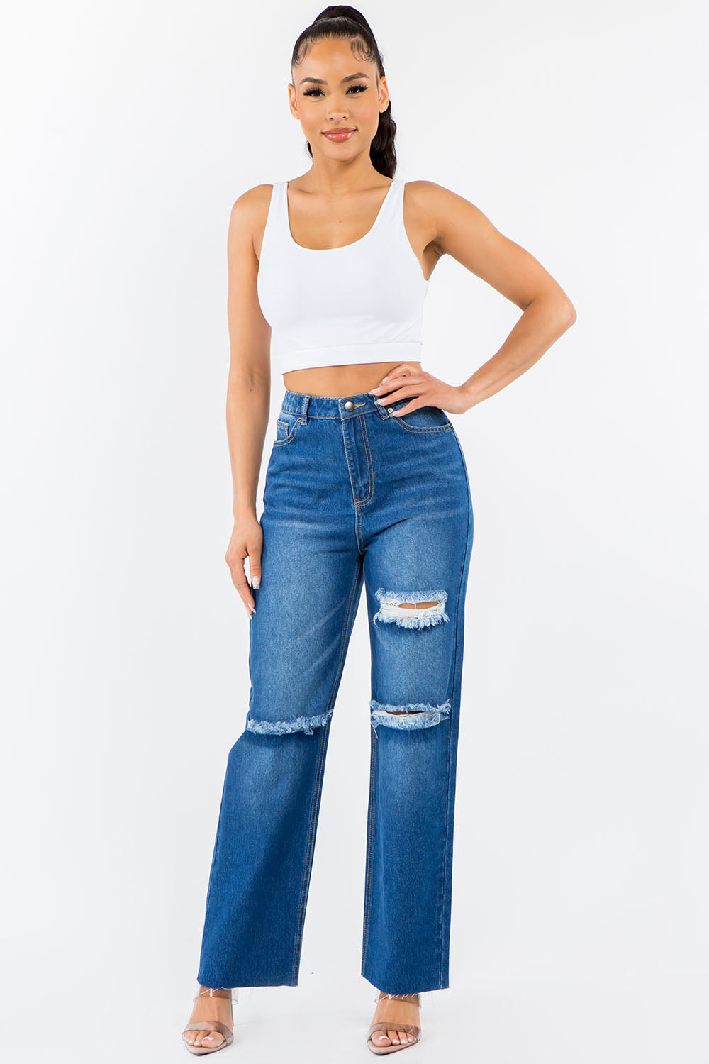American Bazi Women's High Waist Distressed Wide Leg Jeans - Vintage-Inspired, Chic Denim Fashion