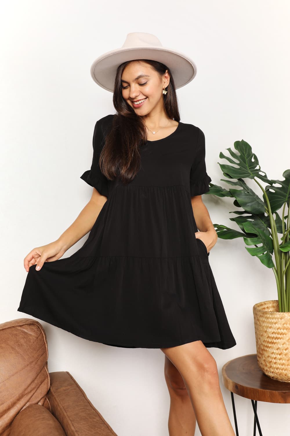Elegant V-Neck Flounce Sleeve Tiered Dress - Perfect for Every Occasion