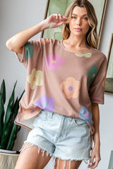 HOPELY Women's Full Size Floral Round Neck Waffle T-Shirt with Side Slits